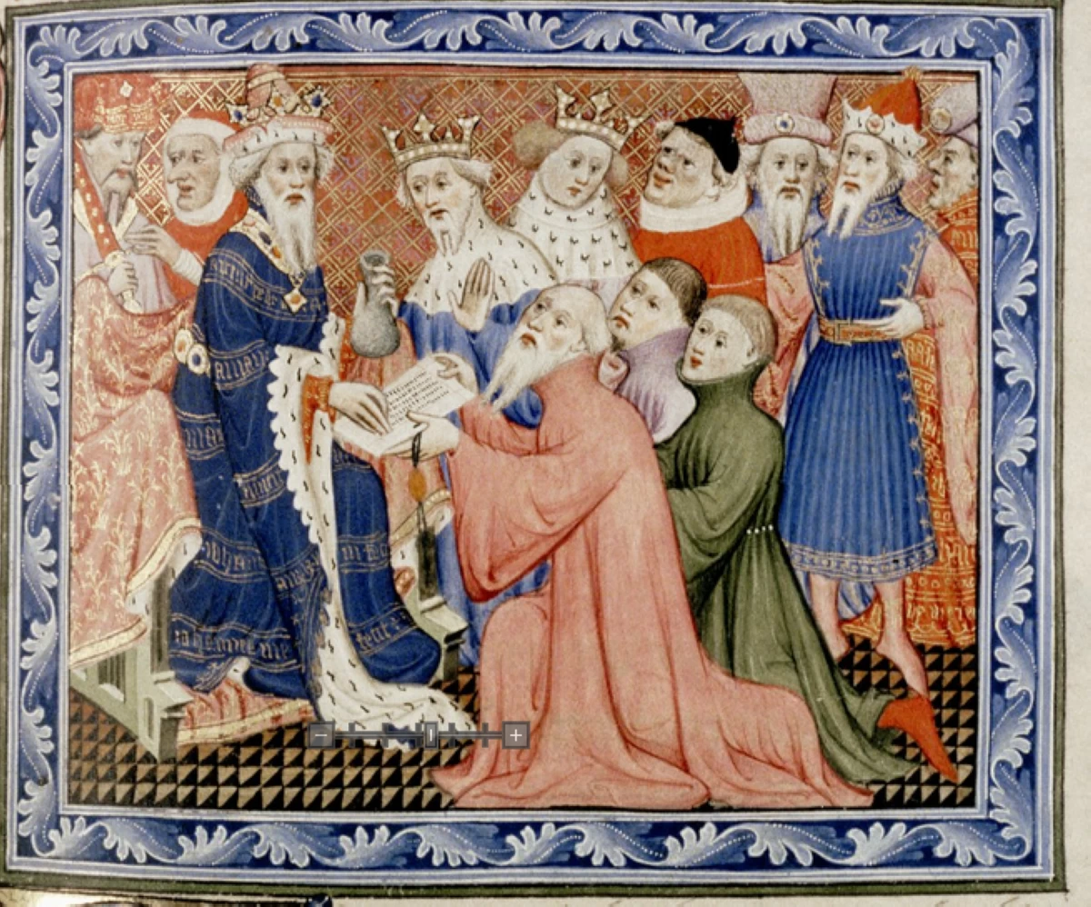 Marco, Niccolò and Maffeo Polo presenting the Papal Letters to Kublai Khan