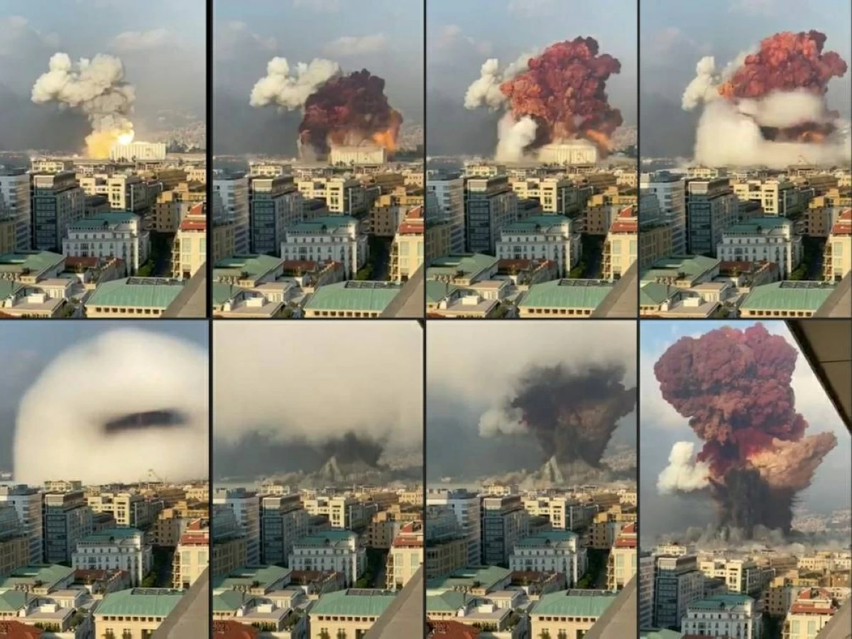 This file combination of pictures created on August 5, 2020 from UGC footage filmed from an office building shows the first moments of the eruption of a massive explosion at the port of Beirut on August 4, 2020 (AFP photo)