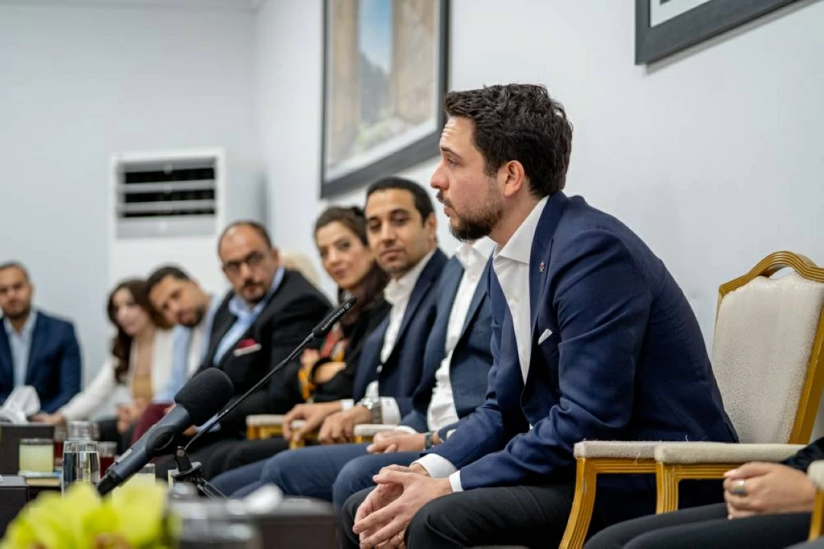 HRH Crown Prince Hussein meets meeting with young people from Irbid Governorate on Sunday, where he announces the reactivation of the National Military Service Programme. (Photo courtesy of Royal Court)
