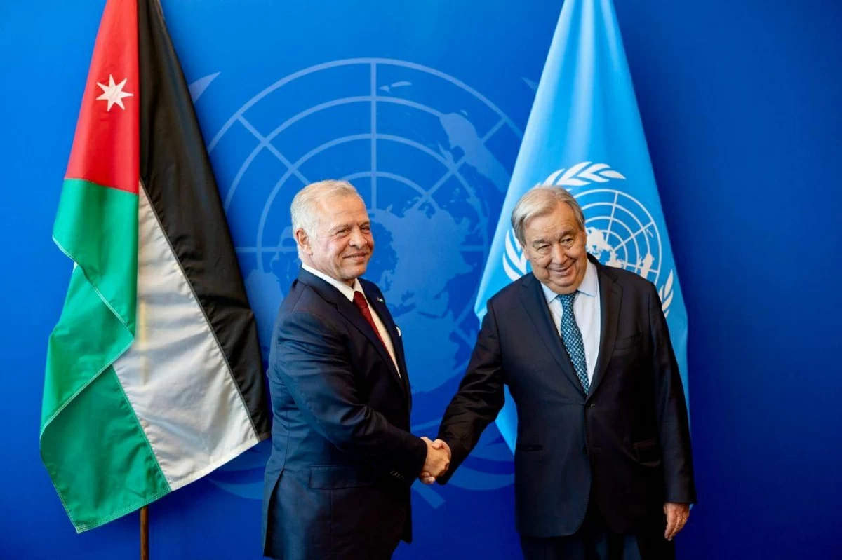 His Majesty King Abdullah urges the international community to take action to end the humanitarian catastrophe in Gaza, during a meeting on Tuesday with United Nations Secretary General António Guterres in New York, attended by HRH Crown Prince Hussein (Photo courtesy of Royal Court)