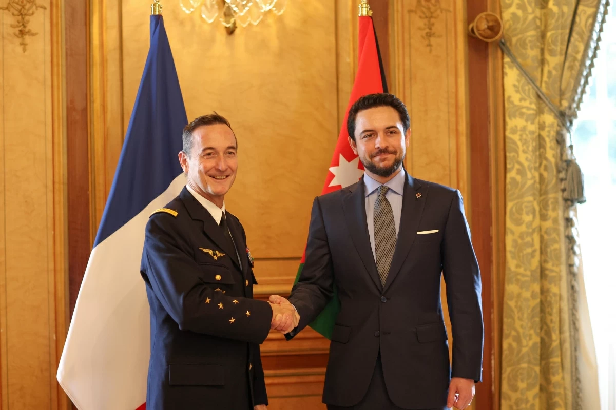 HRH Crown Prince Hussein , in Paris on Thursday, meets with Gen. Fabien Mandon, chief of staff of the French army. (Photo courtesy of Royal Court)