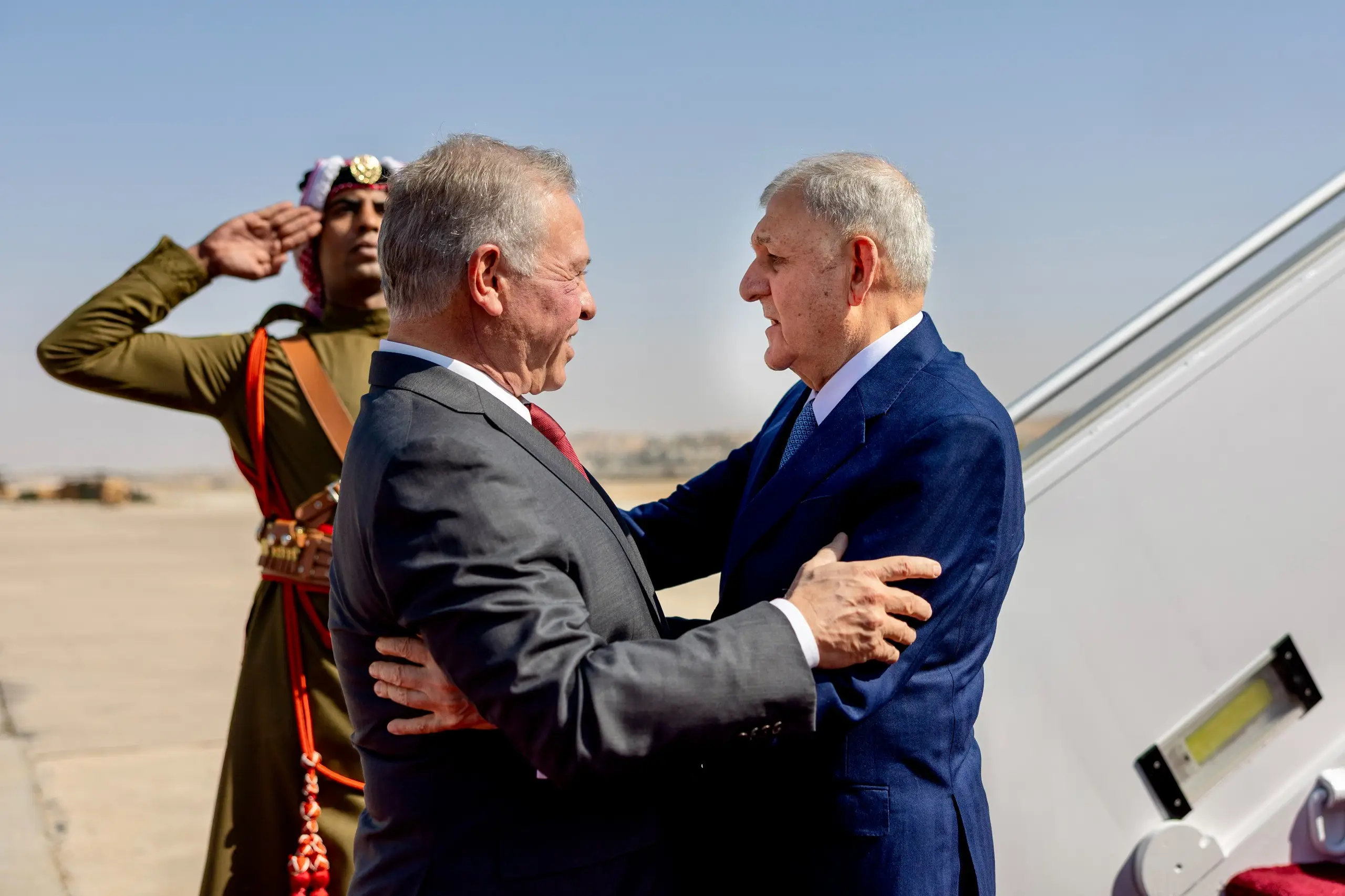  His Majesty King Abdullah on Tuesday receives Iraq President Abdul Latif Rashid at Amman Civil Airport in Marka (photos courtesy of Royal Court)