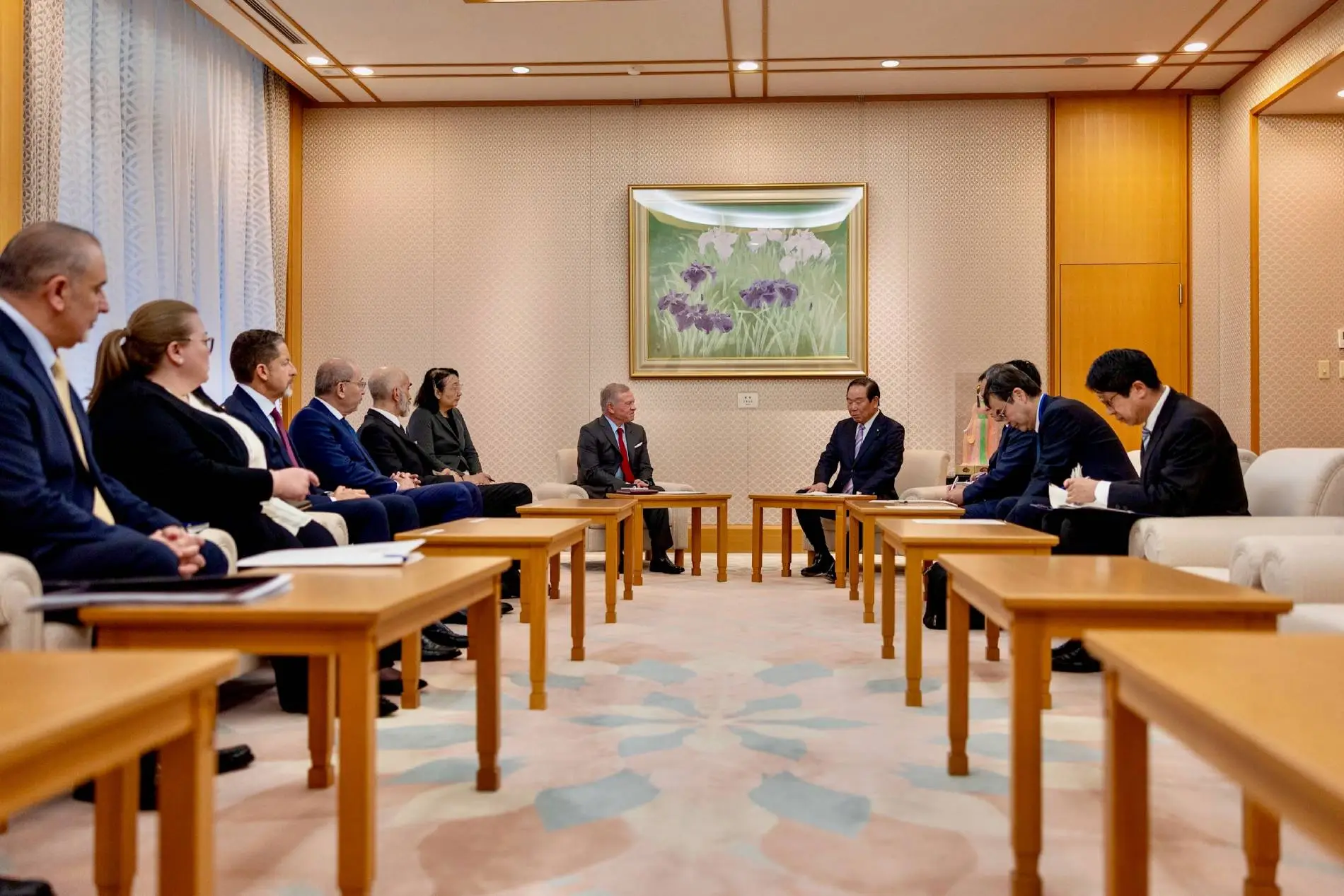 His Majesty King Abdullah holds separate meetings on Tuesday with Japan’s Speaker of the House of Representatives Nukaga Fukushiro, President of the House of Councillors Sekiguchi Masakazu, and Chairman of the Japan-Jordan Parliamentary Friendship Association Tanaka Kazunori (photo courtesy of Royal Court)