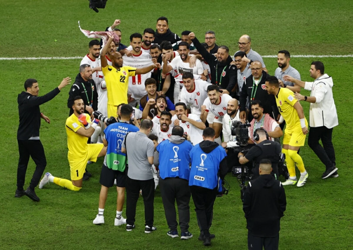 The Nashama squad celebrate their win over Saudi Arabia at the iconic Al Bayt Stadium in Doha (Al Mamlaka photos)