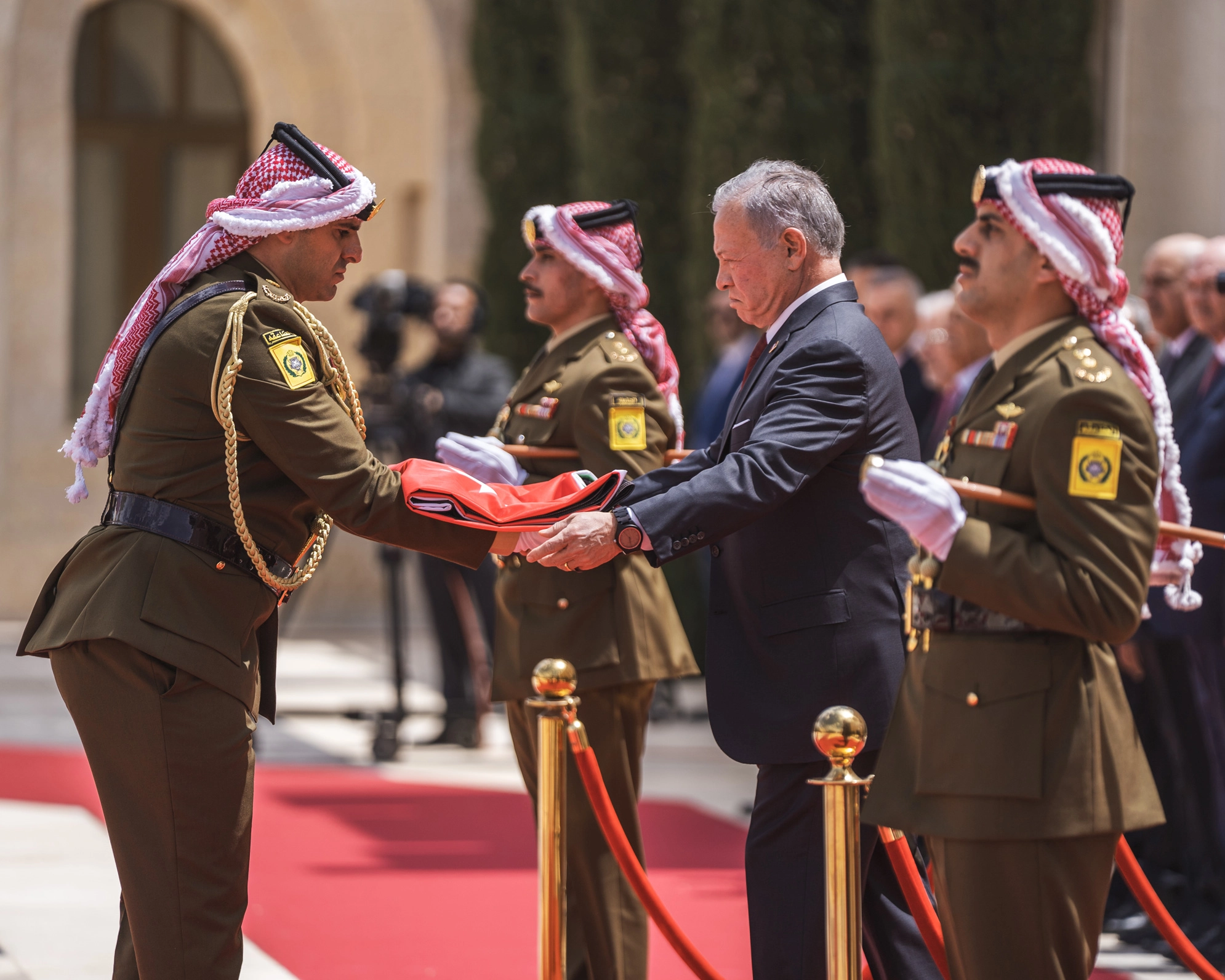 His Majesty King Abdullah on Thursday attends the flag raising ceremony at Al Husseiniya Palace on the occasion of Jordan’s National Flag Day, which falls on 16 April each year (Photo courtesy of Royal Court)