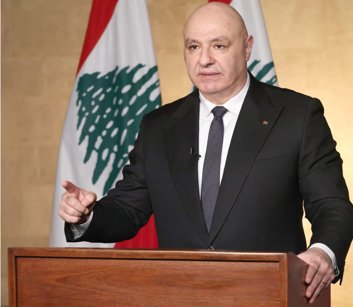A photograph released by the Lebanese Presidency on April 17, 2026, shows Lebanon's President Joseph Aoun delivering a televised address to the Lebanese people from the Baabda Presidential Palace, east of the capital Beirut (AFP photo)