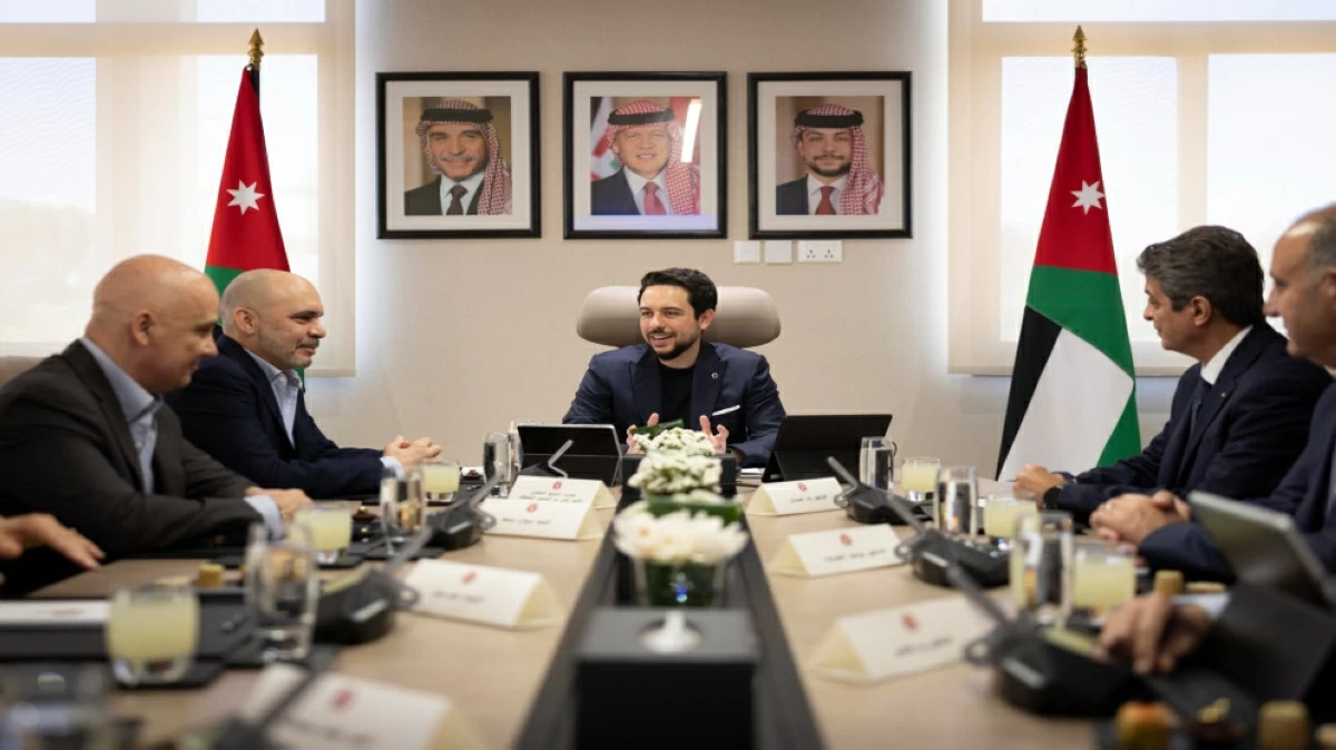HRH Crown Prince Hussein chaires a meeting at the Jordan Football Association (JFA) on Tuesday and directs the relaunch of the Prince Ali Grassroots Centres 
(Photo courtesy of Royal Court)
