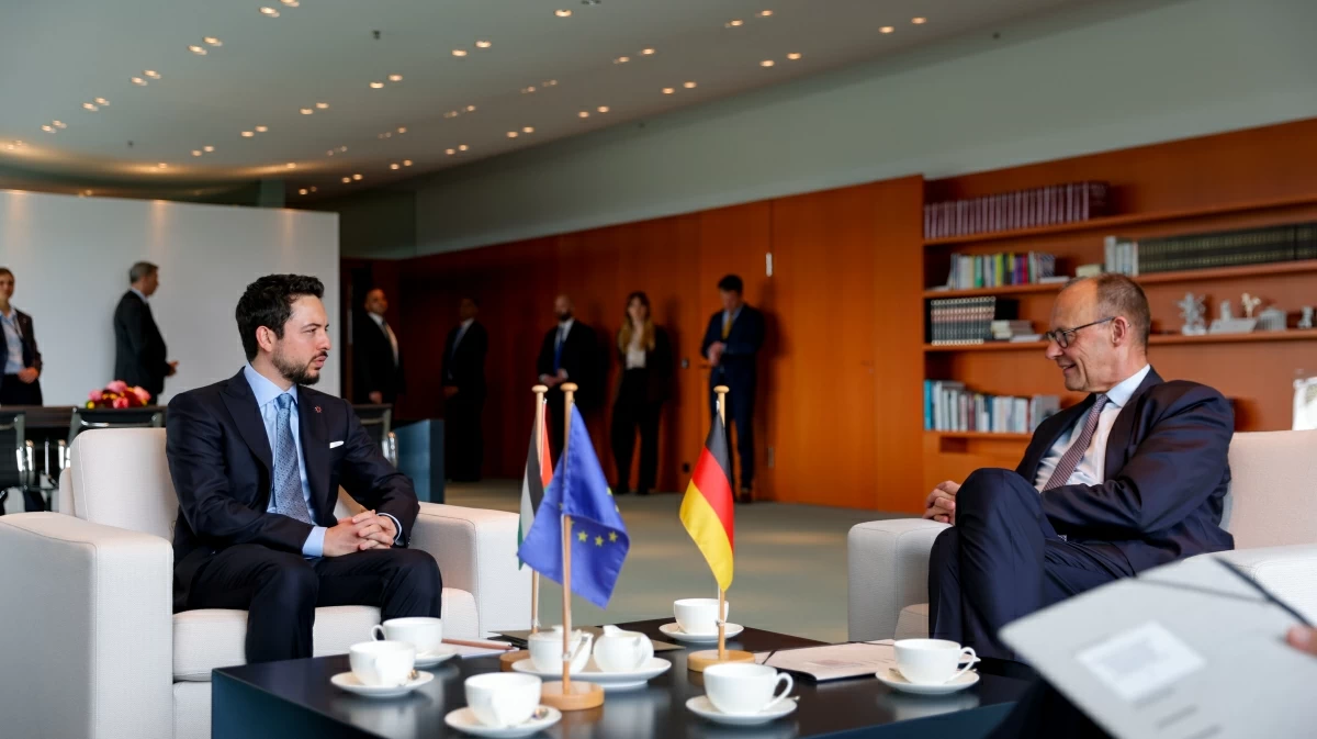 HRH Crown Prince Hussein and Germany Chancellor Friedrich Merz hold a meeting in Berlin on Thursday to discuss ways to enhance cooperation between Jordan and Germany, as well as key regional developments (Photo courtesy of Royal Court)