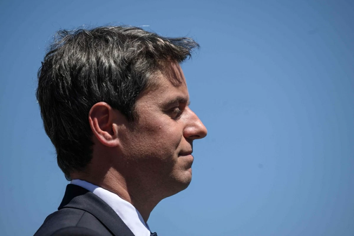 General Secretary of French centrist party Renaissance Gabriel Attal delivers a speech during a visit to the village of Mur-de-Barrez in the Aveyron department, southwestern France on May 22, 2026 (AFP photo)