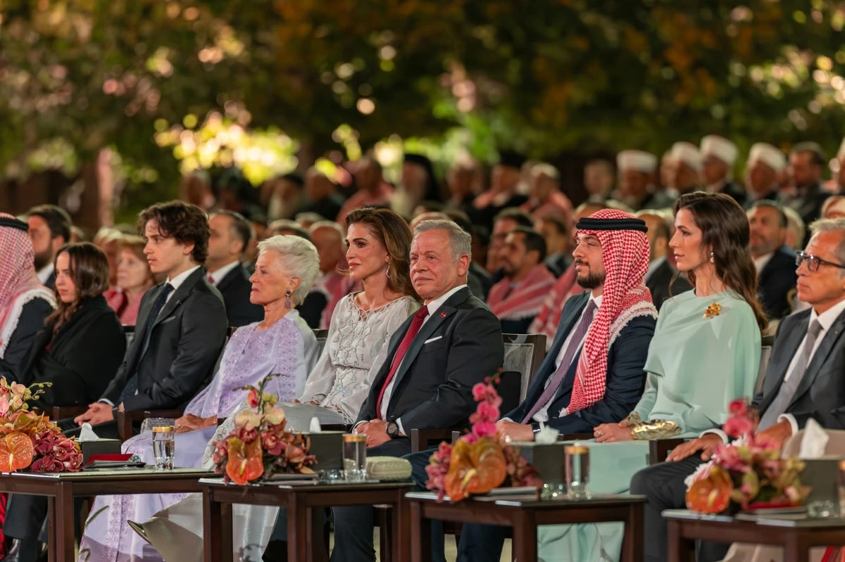 Their Majesties King Abdullah and Queen Rania, and HRH Crown Prince Hussein attend the 80th Independence Day ceremony at Al Husseiniya Palace (Photo courtesy of Royal Court)