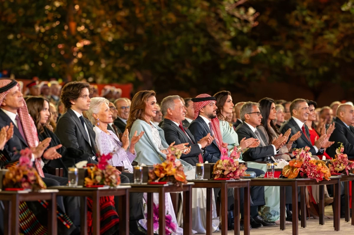 Their Majesties King Abdullah and Queen Rania, and HRH Crown Prince Hussein attend the 80th Independence Day ceremony at Al Husseiniya Palace (Photo courtesy of Royal Court)