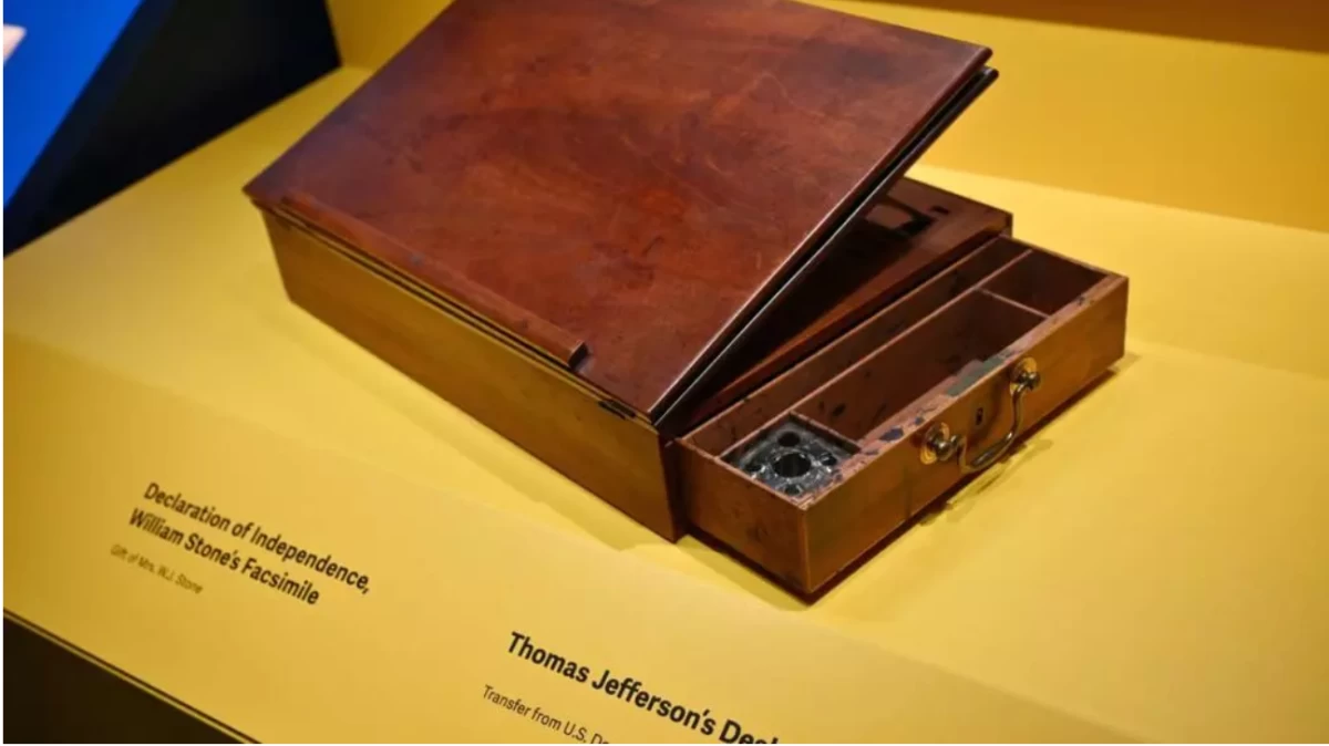 Thomas Jefferson's desk, on which he drafted the Declaration of Independence, can be seen on display by The Smithsonian for its 'American Aspirations' exhibition (AFP photo)