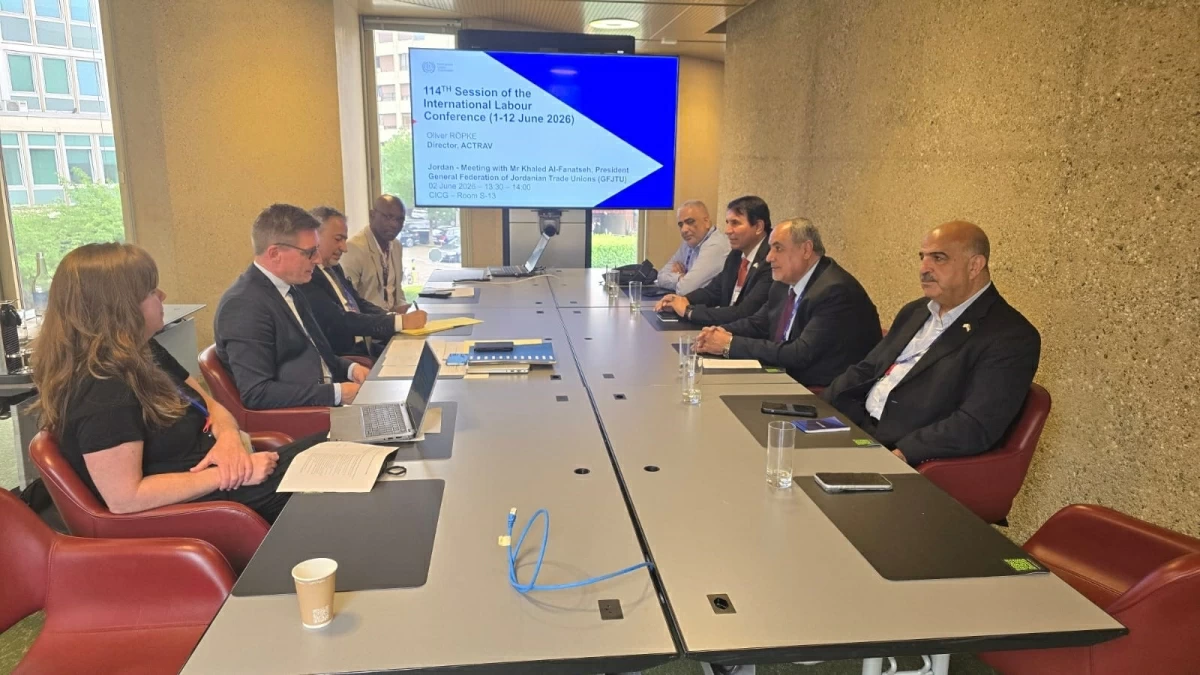 The General Federation of Jordanian Trade Unions and the International Labour Organisation’s Bureau for Workers' Activities on Tuesday discuss mechanisms to bolster cooperation on priority labour issues (Petra photo)