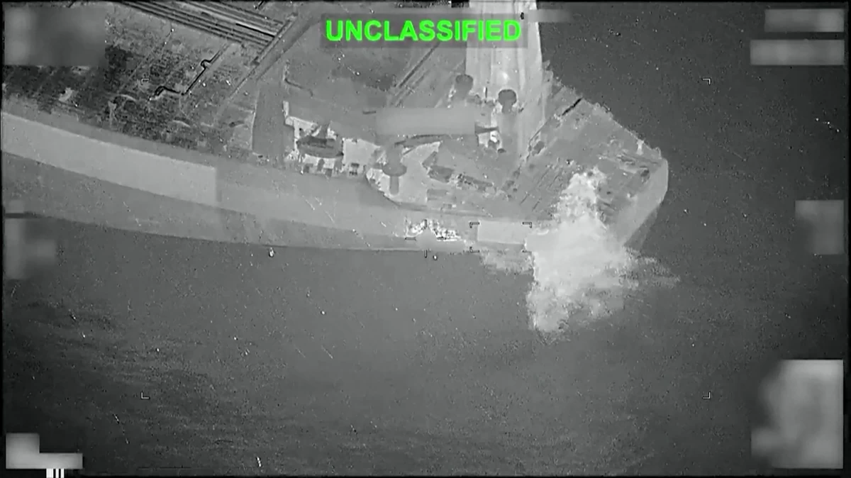 This screen grab made on June 3, 2026, from a handout video released by US Central Command on June 2, 2026, shows what the US military says is a missile strike by US forces on the Botswana-flagged M/T Lexie, an unladen oil tanker attempting to sail to an Iranian port in violation of an American blockade, disabling the vessel (AFP photo)