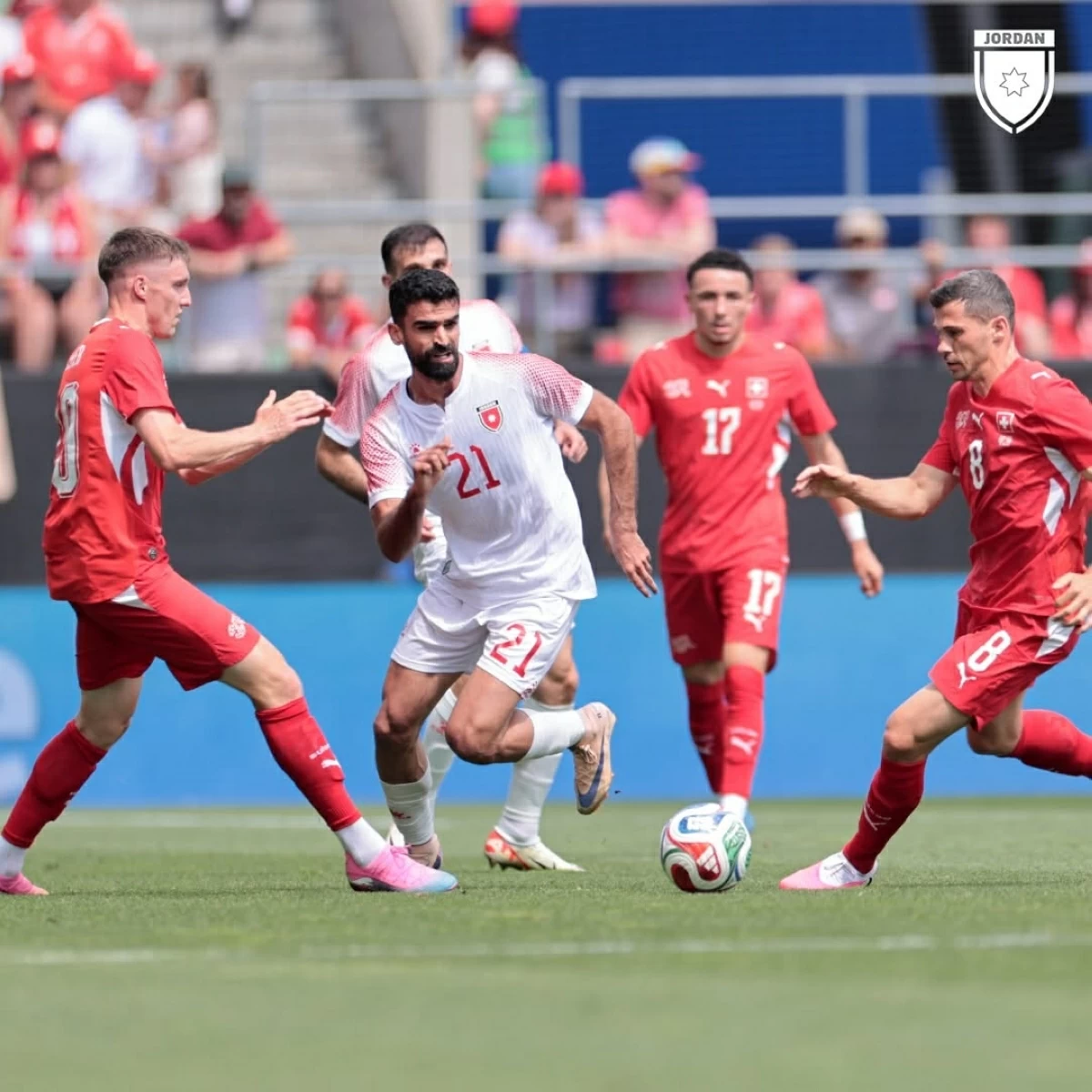 A Jordanian defensive midfielder Nizar Al Rashdan vies for the ball during the friendly match at the Kybunpark Stadium, in St. Gallen, on May 31 (Photo of Jordan Football Association)