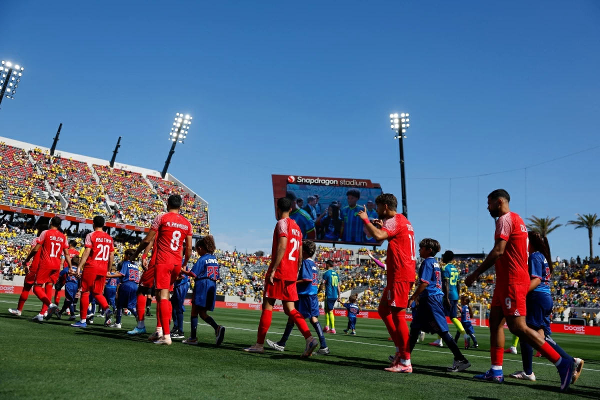 Players of Jordan enter the pitch prior to the international friendly match between Jordan and Colombia at Snapdragon Stadium on June 07, 2026 in San Diego, California (AFP photo)