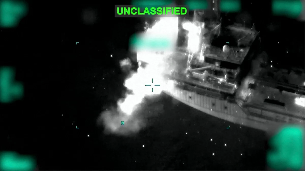 This screen grab made from a handout video recorded on June 10, 2026, and released by US Central Command on June 11, 2026, shows what the US military says is a strike by US forces targeting and disabling the Guinea-Bissau flagged tanker M/T Jalveer as it allegedly attempted to evade a US counter-blockade of Iranian ports (AFP photo)