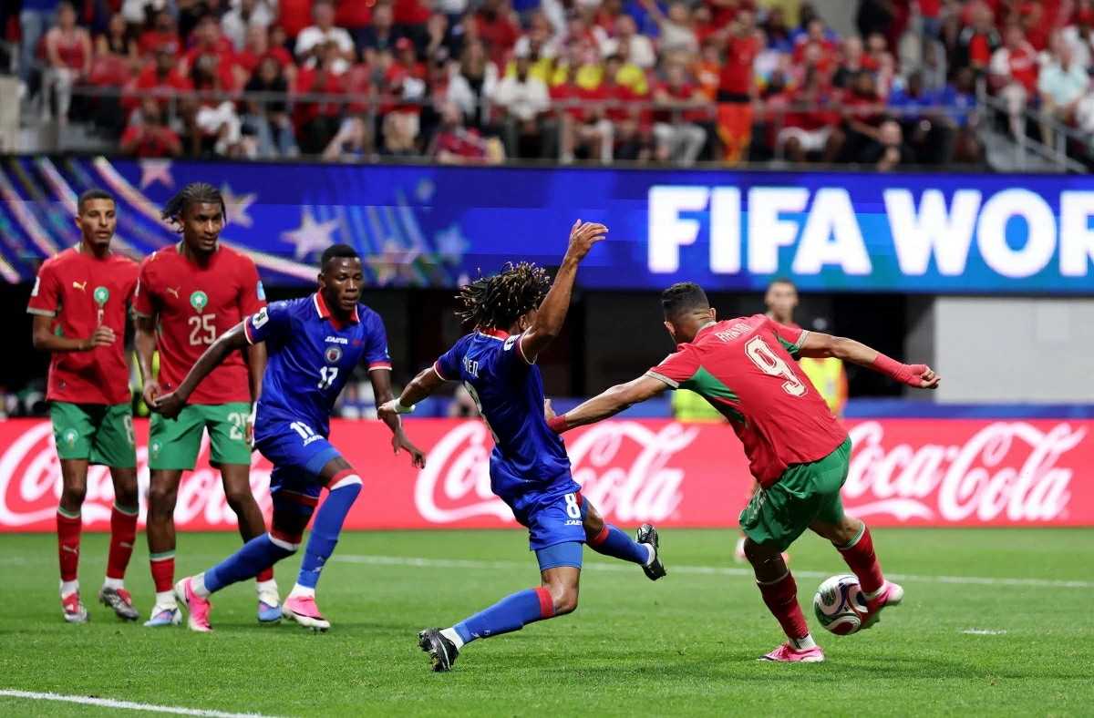 Soufiane Rahimi #9 of Morocco scores his team's third goal during the FIFA World Cup 2026 Group C match between Morocco and Haiti at Atlanta Stadium on Thursday (AFP photo)