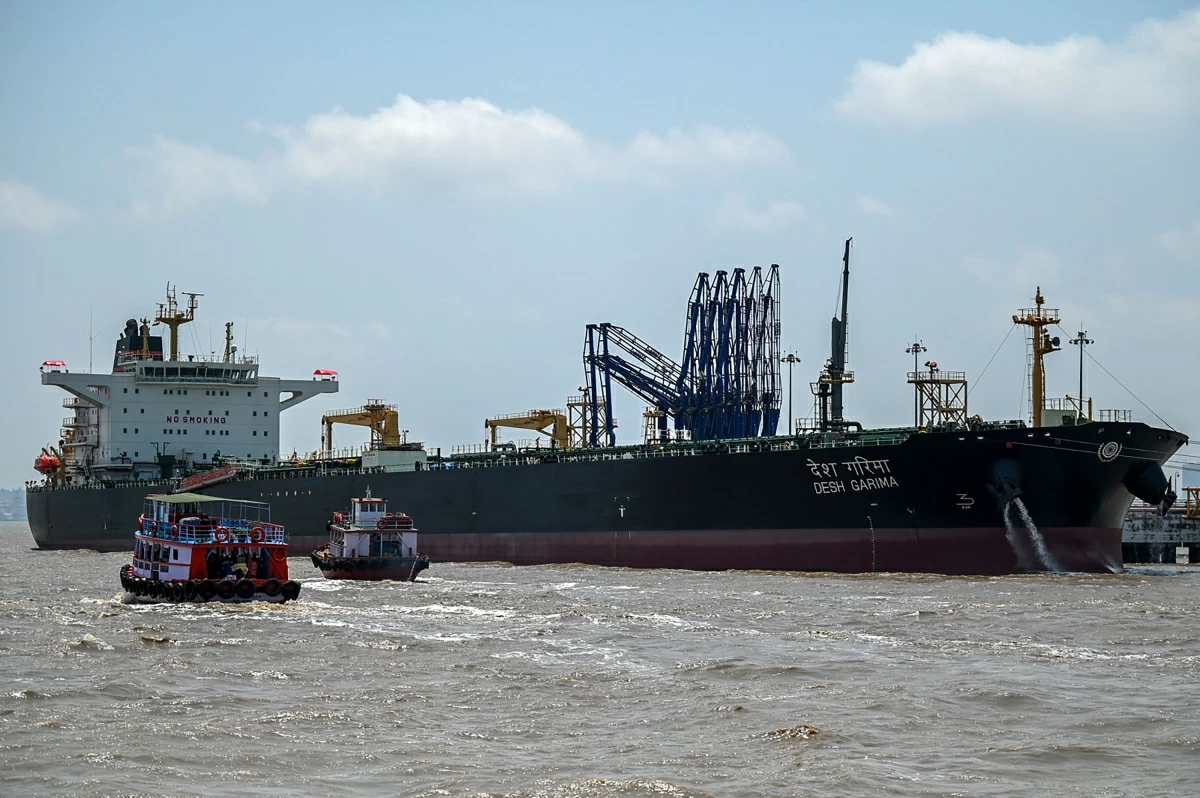 Desh Garima, an Indian-flagged tanker carrying crude oil that transited through the Strait of Hormuz, is seen docked at an offloading terminal along the coast in Mumbai on April 30, 2026 (AFP photo)