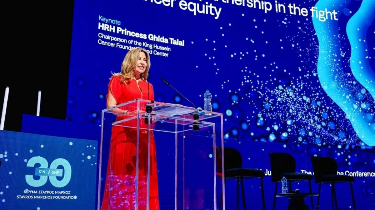 Delivering a keynote speech in the Stavros Niarchos Foundation annual conference in Athens, HRH Princess Ghida Talal stresses the vital role of partnerships in narrowing gaps in access to cancer treatment (Petra photo)