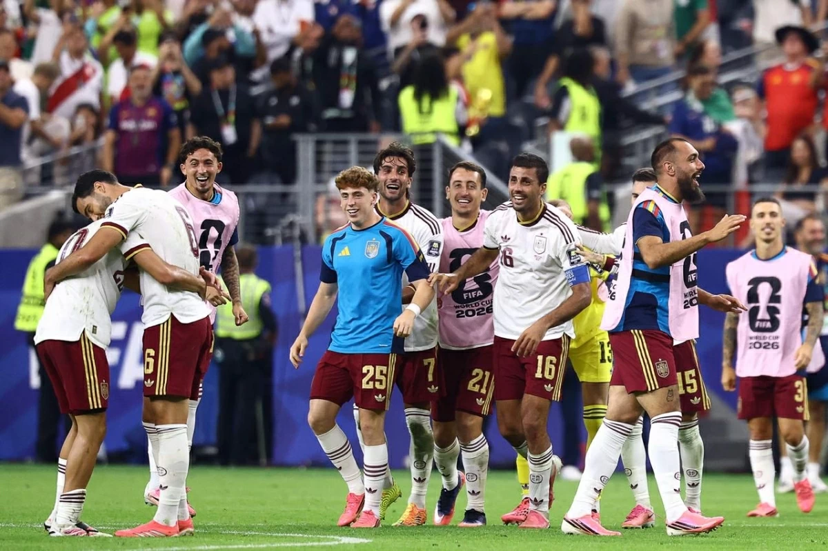 (From L) Spain's midfielder #06 Mikel Merino, forward #25 Victor Munoz, forward #07 Ferran Torres, forward #21 Mikel Oyarzabal and midfielder #16 Rodri celebrate after winning the 2026 World Cup football tournament semi-final match between France and Spain at the Dallas Stadium in Arlington on July 14, 2026

(AFP photo)
