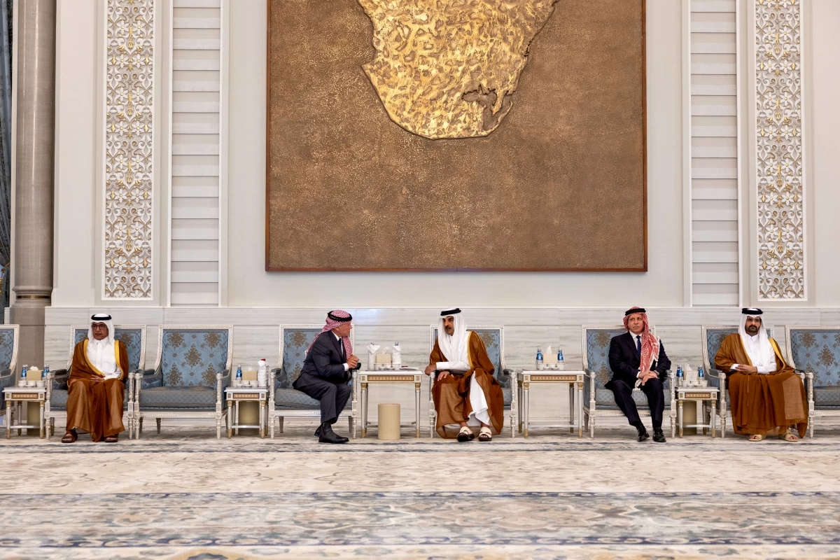 His Majesty King Abdullah offers condolences to Qatar Emir Sheikh Tamim bin Hamad Al Thani over the passing of his father, Sheikh Hamad bin Khalifa Al Thani, at Lusail Palace in Doha (Photo courtesy of Royal Court )