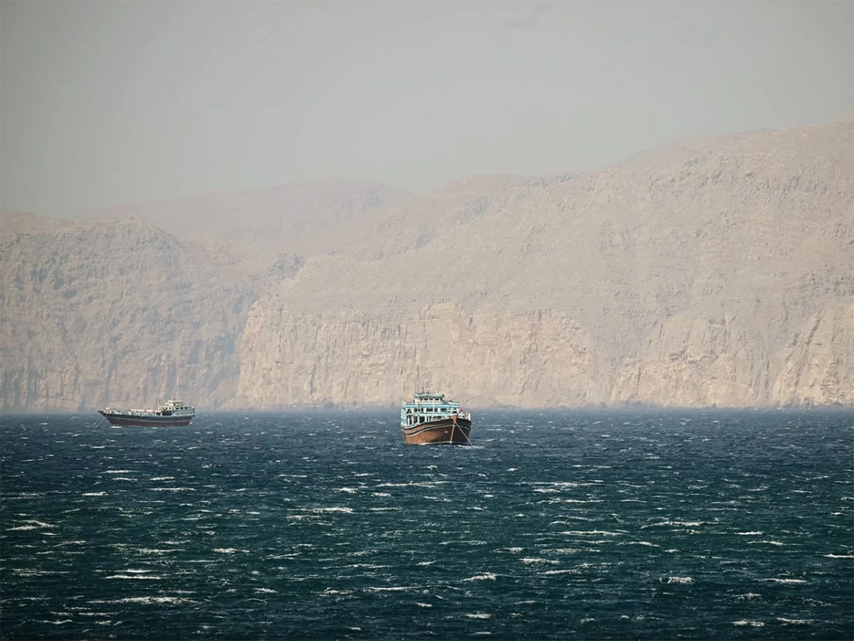 Boats anchored off Oman’s Musandam Peninsula by the Strait of Hormuz (AFP via Getty Images)