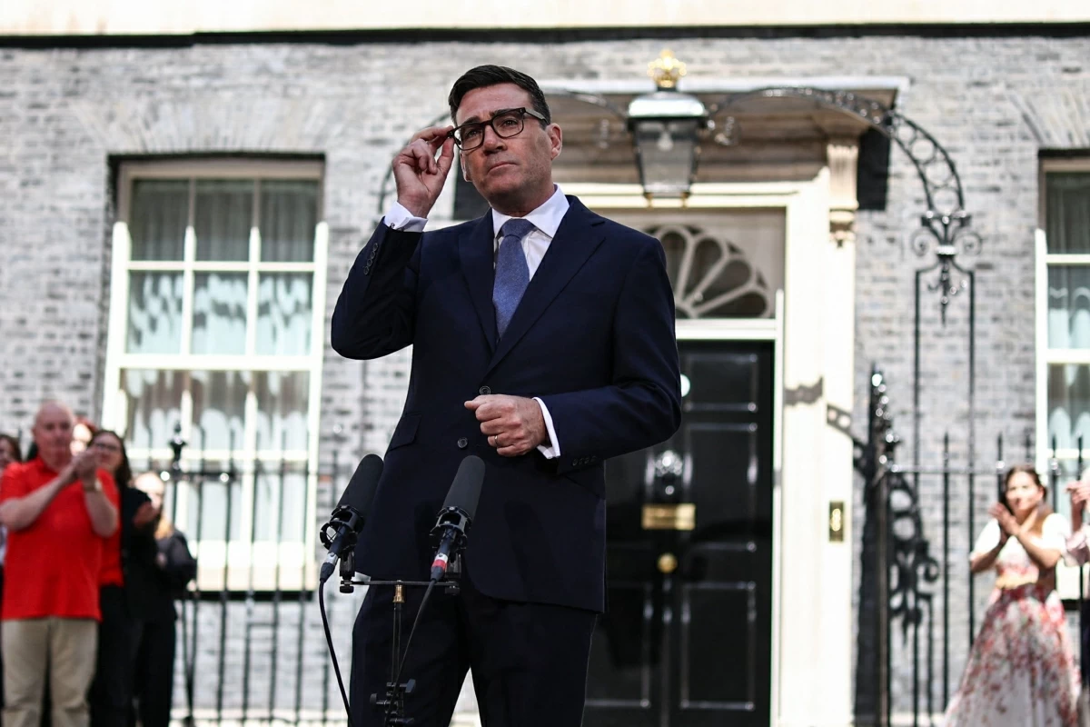 Britain's new Prime Minister Andy Burnham gives his first speech in front of 10 Downing Street in central London on July 20, 2026, after being asked by the king to form the next government (AFP photo)