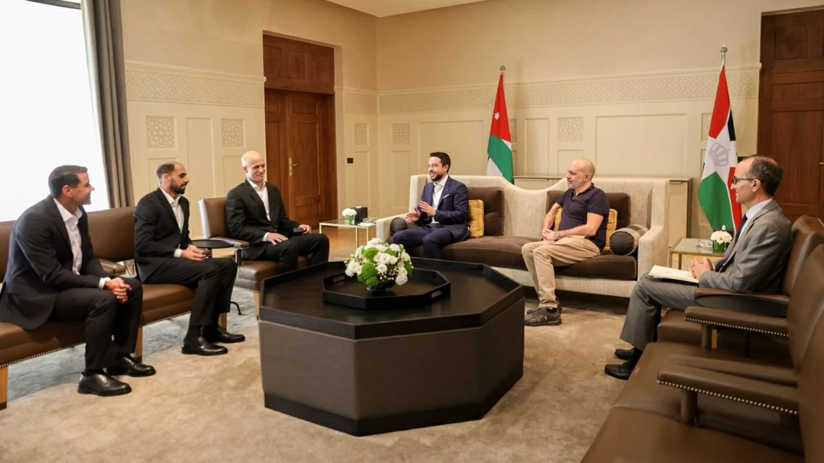 HRH Crown Prince Hussein on Thursday, during a meeting with referees Adham Makhadmeh, Mohammad Khalaf and Ahmad Rouaily, expresses pride in their performance at the FIFA World Cup 2026 (Petra photo)