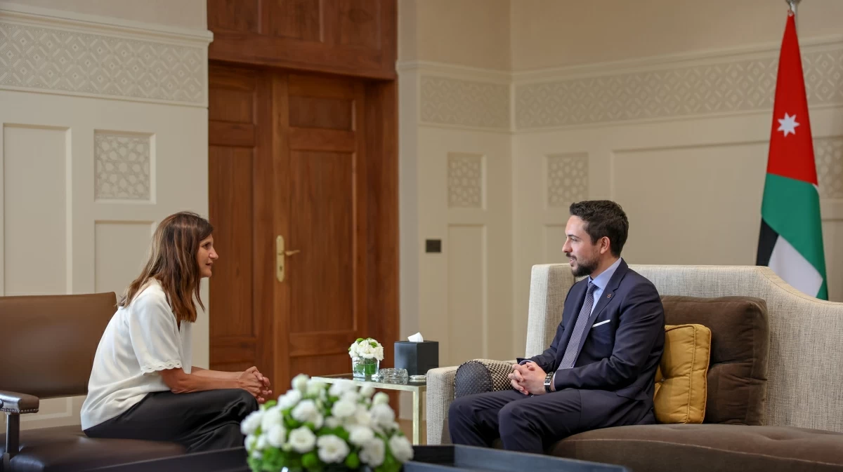 HRH Crown Prince Hussein, the Regent, meets on Tuesday with France Minister Delegate for the Armed Forces and Veterans Alice Rufo at Al Husseiniya Palace (Photo courtesy of Royal Court)