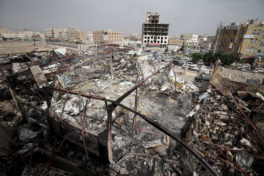 A general view shows a wedding hall destroyed by a              Saudi-led air strike in Yemen’s capital Sanaa on Sunday (Reuters photo by Mohamed Al Sayaghi)