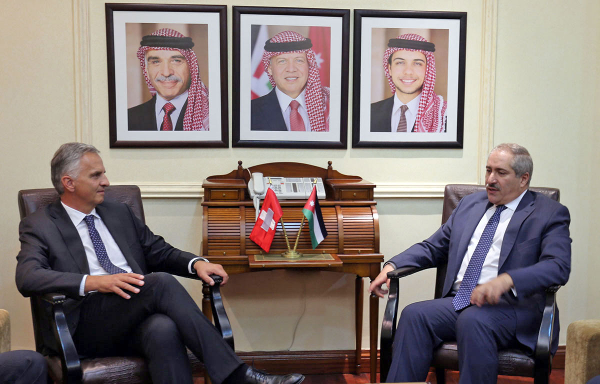 Deputy Prime Minister and Foreign Minister Nasser Judeh meets with Swiss Federal Councillor Didier Burkhalter in Amman on Monday (Petra photo)