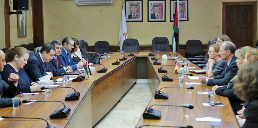 Minister of Planning and International Cooperation Imad Fakhoury meets with German Ambassador to Jordan Birgitta Maria Siefker-Eberle on Saturday (Photo courtesy of Ministry of Planning and International Cooperation)