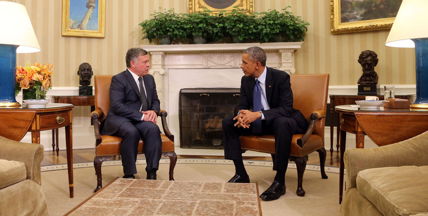 In this file photo from February 2015, His Majesty King Abdullah holds talks with US President Barack Obama in Washington  (Photo courtesy of Royal Court)