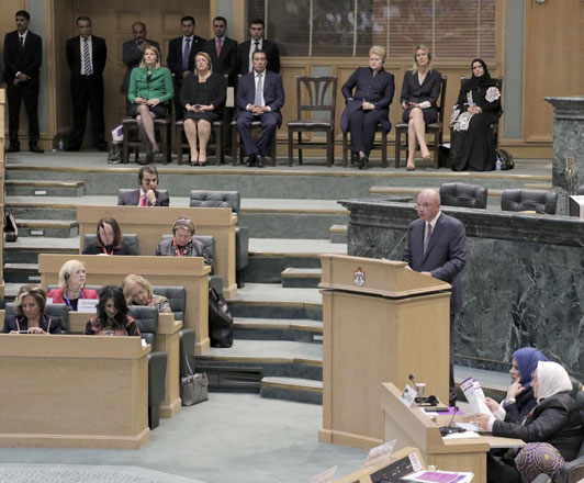 Senate President Faisal Fayez delivers an address at the opening of the Women in Parliaments Global Forum under the Dome, on Wednesday (Petra photo)