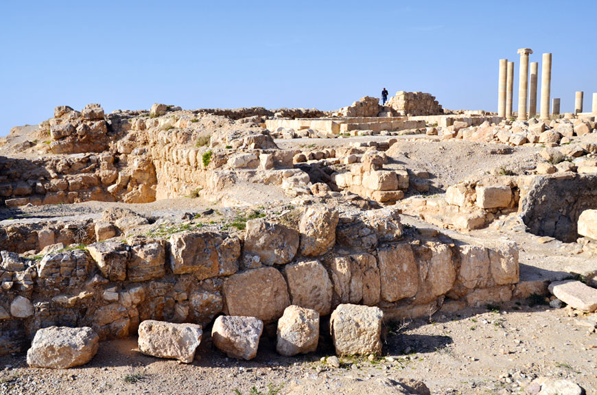 The newly erected Herodian columns are seen at Machaerus, the first success of its kind in the holy land (Photo by Muath Freij)