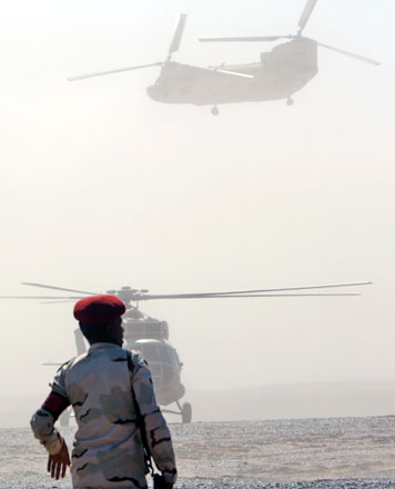 An Egyptian soldier watches helicopters as they land near the wreckage of a passenger jet bound for St Petersburg in Russia that crashed in Hassana, Egypt, on Sunday (AP photo)