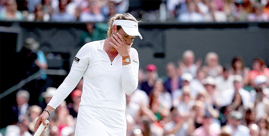 Croatia’s Donna Vekic reacts after losing a point to go 5-6 down in the third set, after Italy’s Jasmine Paolini challenged a line call, during their women’s singles semifinal tennis match on at The All England Lawn Tennis and Croquet Club in Wimbledon on Thursday (AFP photo)