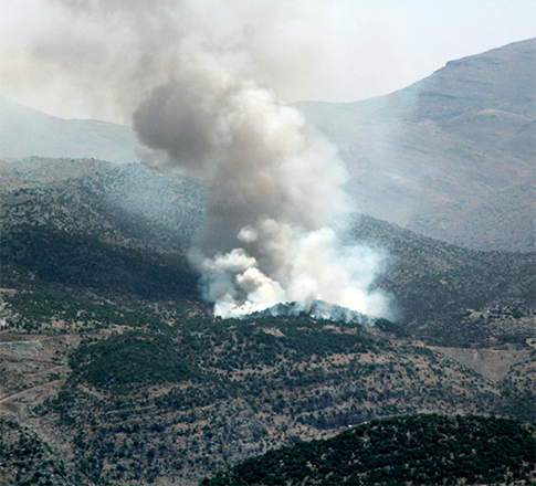 Smoke billows from forest fires near the southern Lebanese village of Shebaa, close to the northern border of Israel, following the shooting down of a drone by the Israeli army on Thursday, amid the ongoing cross-border clashes between Israeli troops and Hizbollah fighters (AFP photo)