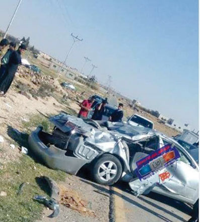 A car involved in a road accident in Mafraq on Wednesday that left two dead and two injured (Photo courtesy of Amen FM)