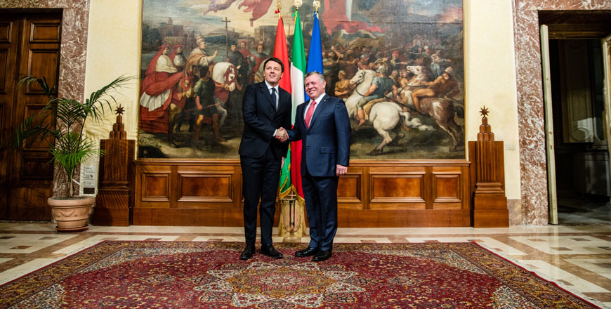 His Majesty King Abdullah shakes hands with Italian Prime Minister Matteo Renzi in Rome on Wednesday  (Photo courtesy of Royal Court)