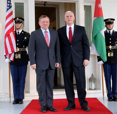 His Majesty King Abdullah meets with US Vice President Mike Pence in Washington on Monday (Photo courtesy of Royal Court)