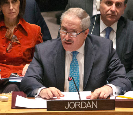  Deputy Prime Minister and Foreign Minister Nasser Judeh addresses a gathering of foreign ministers at the UN Security Council on Friday, following a vote on a draft resolution concerning Syria (AP photo by Bebeto Matthews)