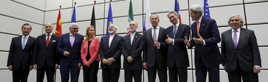 From left to right: Chinese Foreign Minister Wang Yi, French Foreign Minister Laurent Fabius, German Foreign Minister Frank Walter Steinmeier, European Union High Representative for Foreign Affairs and Security Policy Federica Mogherini, Iranian Foreign Minister Mohammad Javad Zarif, Head of the Iranian Atomic Energy Organisation Ali Akbar Salehi, Russian Foreign Minister Sergey Lavrov, British Foreign Secretary Philip Hammon, US Secretary of State John Kerry and US Secretary of Energy Ernest Moniz pose for a group photo at the United Nations building in Vienna, Austria, on Tuesday (Reuters photo)