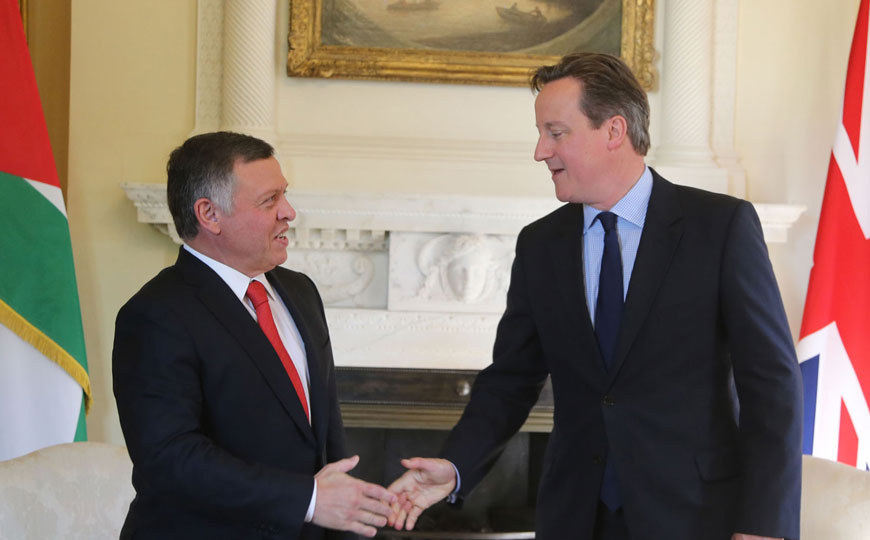  His Majesty King Abdullah is received by British Prime Minister David Cameron ahead of their talks in London on Tuesday (Photo courtesy of Royal Court)