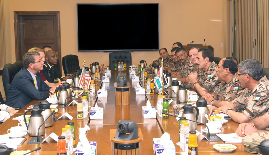 Chairman of the Joint Chiefs-of-Staff Gen. Mashal Al Zaben, HRH Prince Feisal and senior officers meet with US Secretary of Defence Ashton Carter in Amman on Wednesday (Photo courtesy of Jordan Armed Forces-Arab Army)