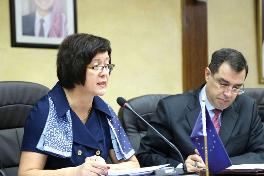 EU Ambassador to Jordan Joanna Wronecka speaks at a ceremony to sign grant agreements with Minister of Planning and International Cooperation Imad Fakhoury in Amman on Monday (Photo courtesy of Ministry of Planning and International Cooperation)