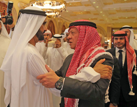 His Majesty King Abdullah condoles Dubai Ruler Sheikh Mohammed Bin Rashid Al Maktoum over the death of his son Sheikh Rashid, in Dubai on Sunday (Photo courtesy of Royal Court)