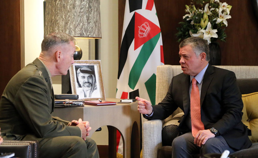 His Majesty King Abdullah meets with US Chairman of the Joint Chiefs-of-Staff Gen. Joseph Dunford in Amman on Monday  (Photo courtesy of Royal Court)