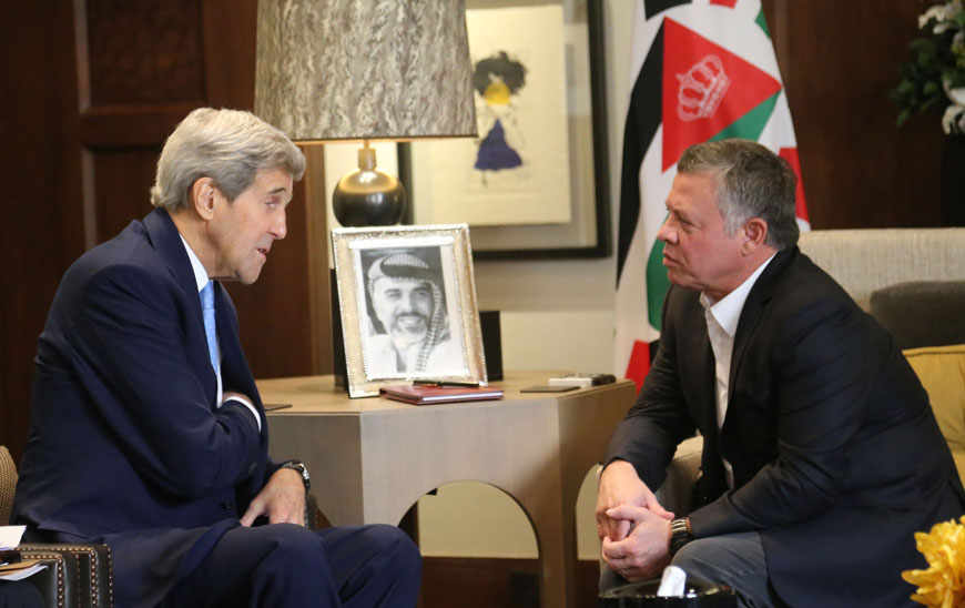 His Majesty King Abdullah meets with US Secretary of State John Kerry in Amman on Saturday (Photo courtesy of Royal Court)